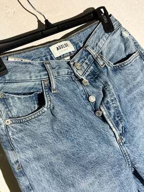 AGOLDE Nico High Rise Slim Fit Button Fly Jeans in Blue Distressed Denim